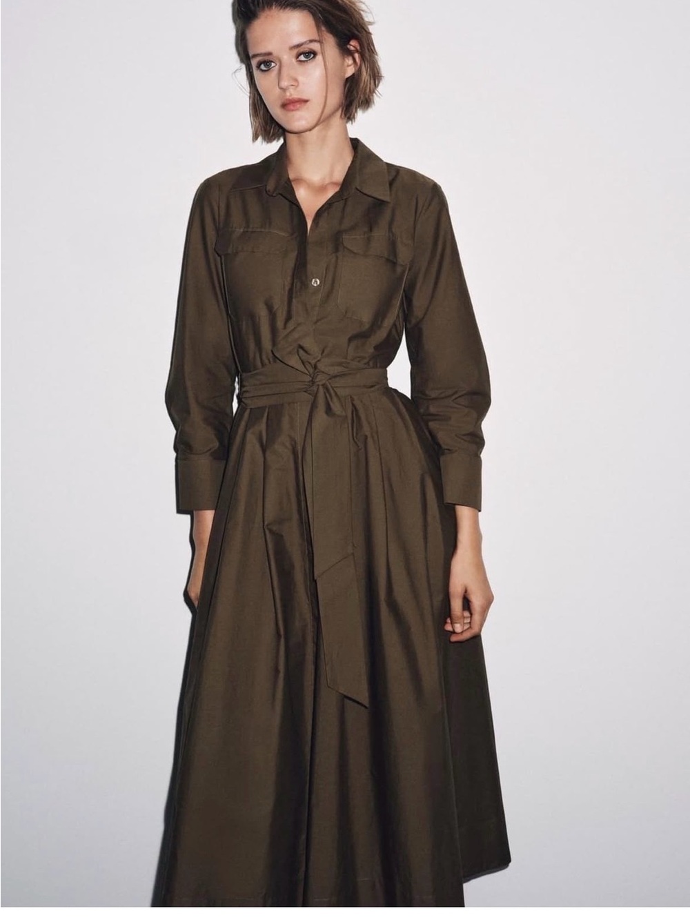 NWT Zara brown Long-Sleeve poplin Shirt midi Dress with Tie Waist medium